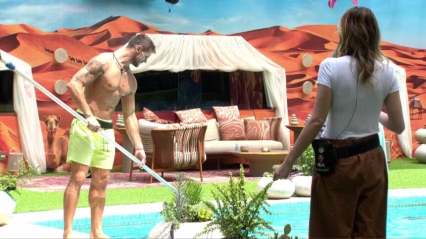 Ana Paula Renault e Jonas Sulzbach em conversa na área da piscina no BBB 26