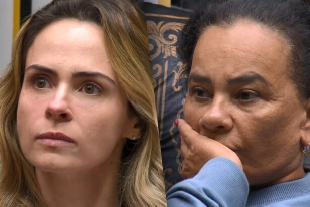 Ana Paula Renault com os olhos cheios de lágrimas divide tela com Solange Couto com a mão na boca na sala do BBB 26