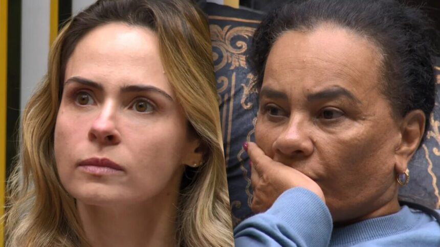 Ana Paula Renault com os olhos cheios de lágrimas divide tela com Solange Couto com a mão na boca na sala do BBB 26