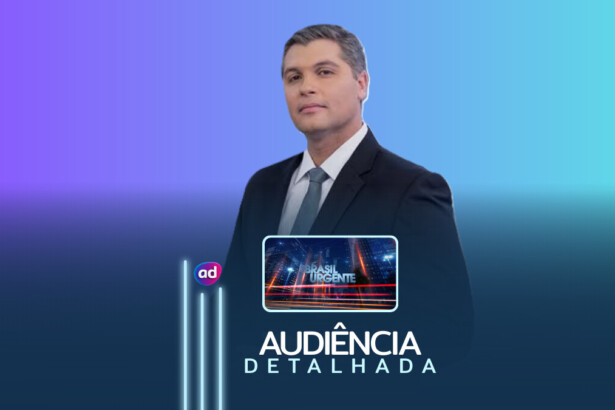 Joel Datena ao lado do logo do Brasil Urgente na arte de audiência detalhada