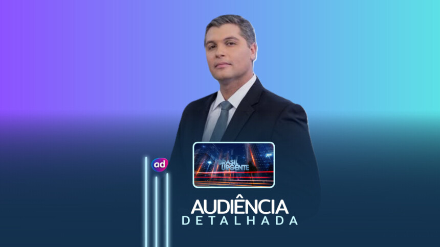 Joel Datena ao lado do logo do Brasil Urgente na arte de audiência detalhada