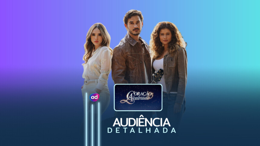 Trio de protagonistas de Coração Acelerado na arte da audiência detalhada da novela