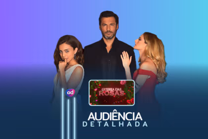 Protagonistas ao lado do logo da novela Guerra das Rosas na arte de audiência detalhada
