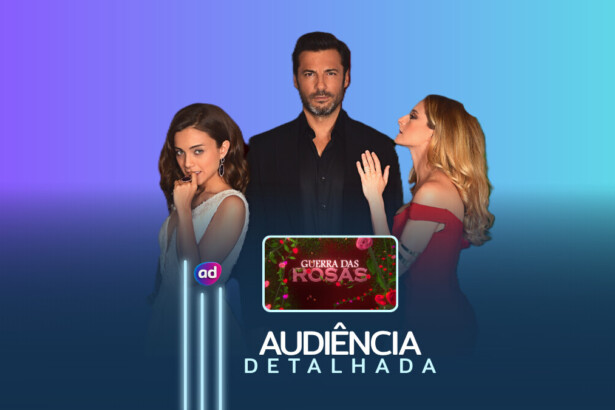 Protagonistas ao lado do logo da novela Guerra das Rosas na arte de audiência detalhada