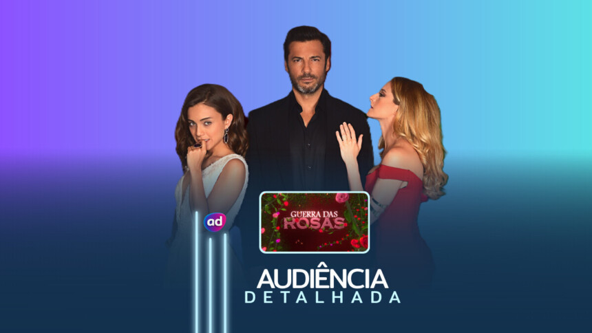 Protagonistas ao lado do logo da novela Guerra das Rosas na arte de audiência detalhada