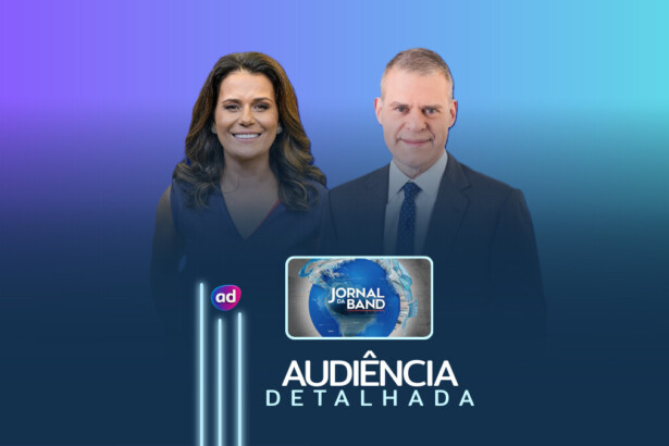 Adriana Araújo e Eduardo Oinegue na arte de audiência detalhada do Jornal da Band