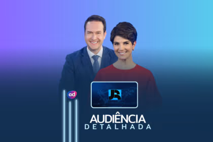 Apresentador Eduardo Ribeiro e Mariana Godoy ao lado do logo do Jornal da Record na arte de divulgação de audiência detalhada