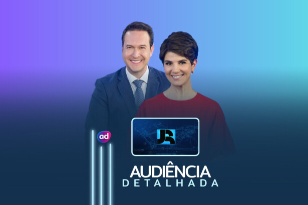 Apresentador Eduardo Ribeiro e Mariana Godoy ao lado do logo do Jornal da Record na arte de divulgação de audiência detalhada