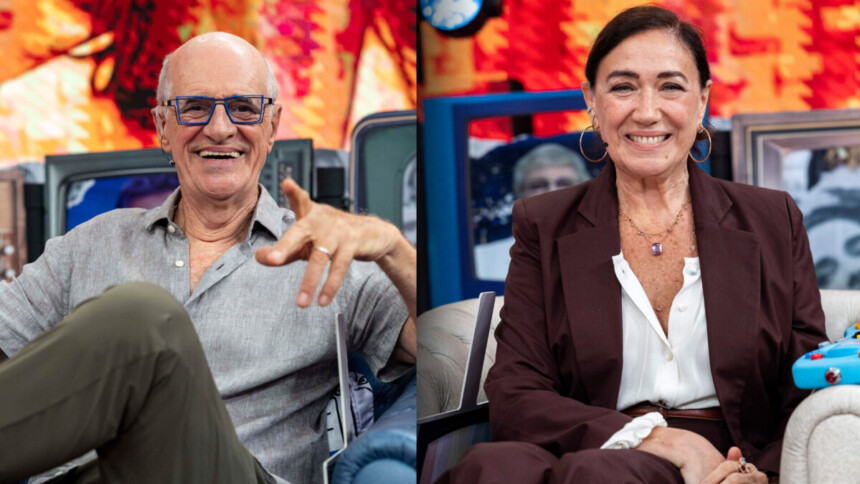 Marcos Caruso e Lilia Cabaral sentados no sofá do cenário do TV Teca no Caldeirão com Mion. Os atores estão sorridentes