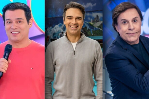 Celso Portiolli, Tadeu Schmidt e Tom Cavalcante em uma montagem
