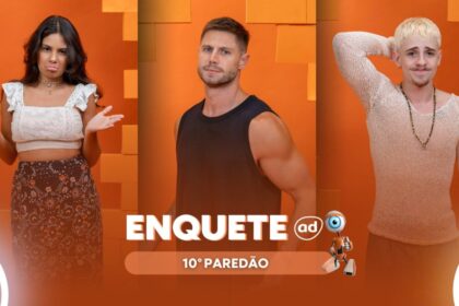 Gabriela, Jonas e Juliano em uma montagem na arte de enquete do paredão no BBB 26