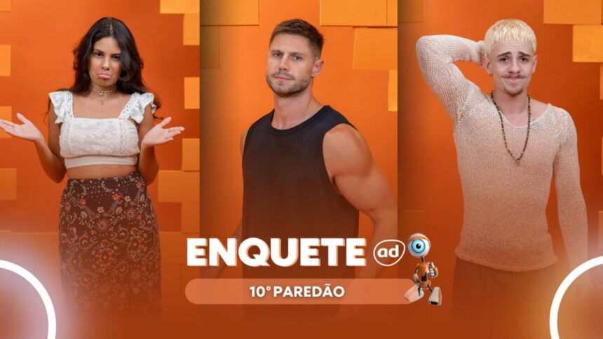 Gabriela, Jonas e Juliano em uma montagem na arte de enquete do paredão no BBB 26