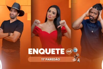 Alberto Cowboy, Jordana e Leandro em uma montagem na arte de enquete do paredão no BBB 26
