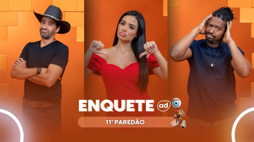 Alberto Cowboy, Jordana e Leandro em uma montagem na arte de enquete do paredão no BBB 26