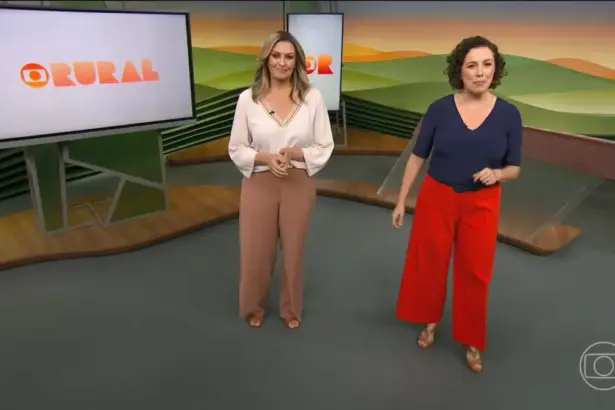 Cristina Vieira e Hellen Santos caminham no cenário do Globo Rural