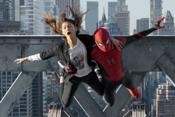 Tom Holland, Zendaya saltando em teias de aranha em cena do filme Homem-Aranha: Sem Volta Para Casa