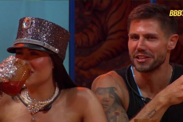 Jordana e Jonas tomando bebida e conversando na festa do líder no BBB 26