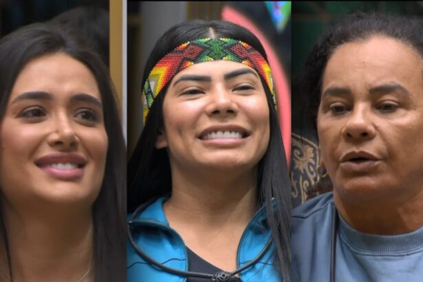Jordana, Marciele e Solange Couto sentadas no sofá do BBB 26 pedindo votos no 12º Paredão