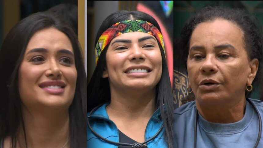Jordana, Marciele e Solange Couto sentadas no sofá do BBB 26 pedindo votos no 12º Paredão