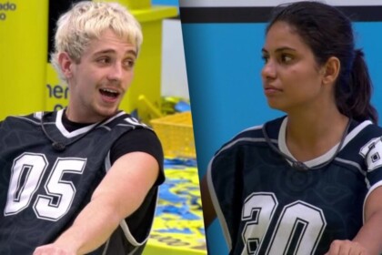Juliano e Gabriela em uma montagem, na discussão da Prova do Líder no BBB 26