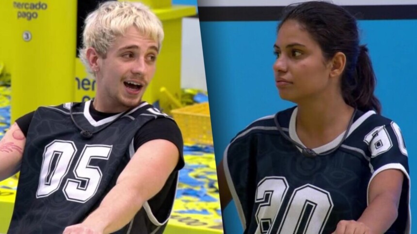 Juliano e Gabriela em uma montagem, na discussão da Prova do Líder no BBB 26