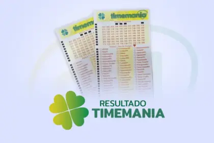 Bilhete amarelo com verde na arte do resultado da Timemania
