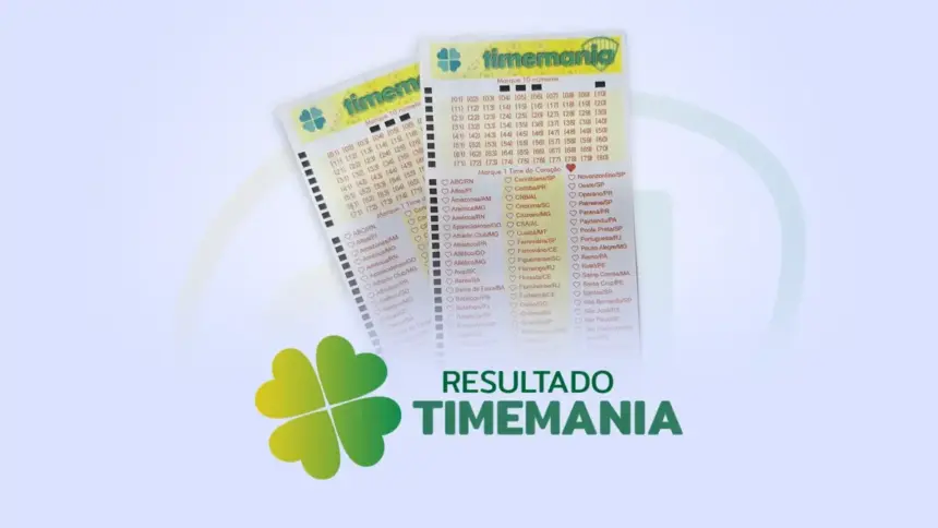 Bilhete amarelo com verde na arte do resultado da Timemania