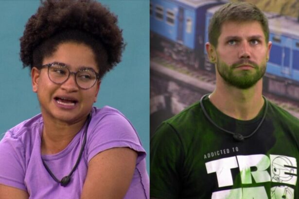 Milena e Jonas em uma montagem no BBB 26, na treta do Sincerão