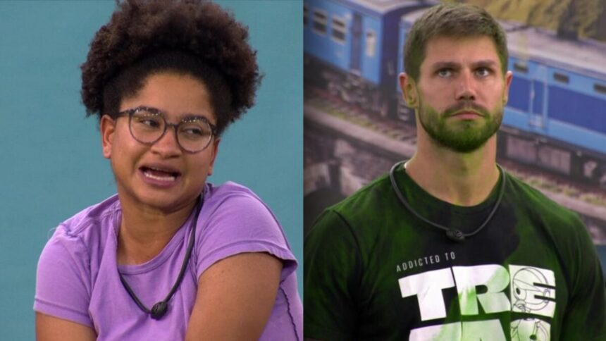 Milena e Jonas em uma montagem no BBB 26, na treta do Sincerão