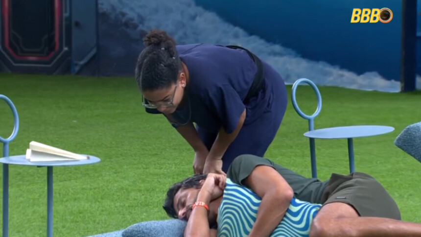 Milena provoca Cowboy, que está deitado, na área externa do BBB 26