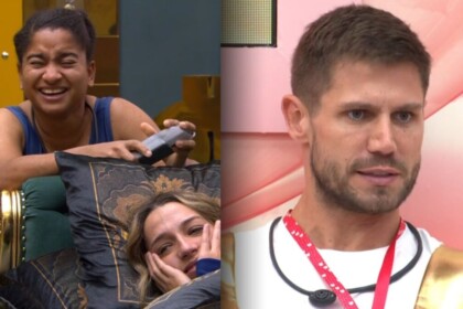 Milena rindo, com Samira deitada no sofá, em montagem com Jonas no BBB 26