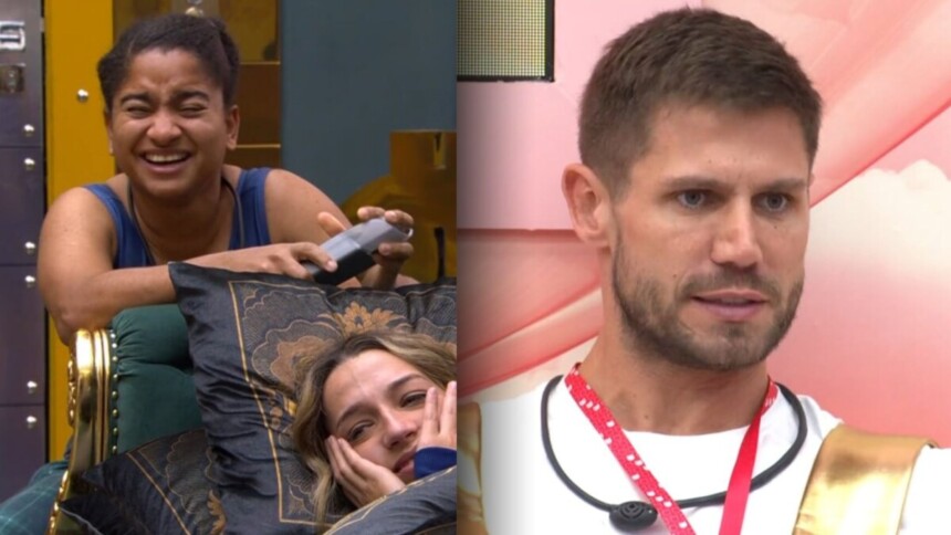 Milena rindo, com Samira deitada no sofá, em montagem com Jonas no BBB 26