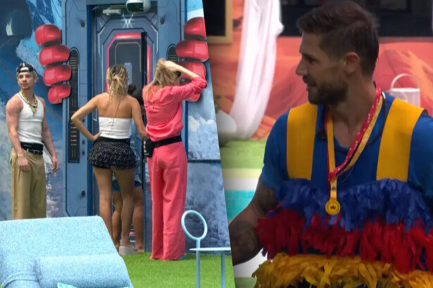 Juliano, Samira e Ana Paula na porta do Presente do Anjo de Milena enquanto Jonas sorrir discutindo com eles no BBB 26