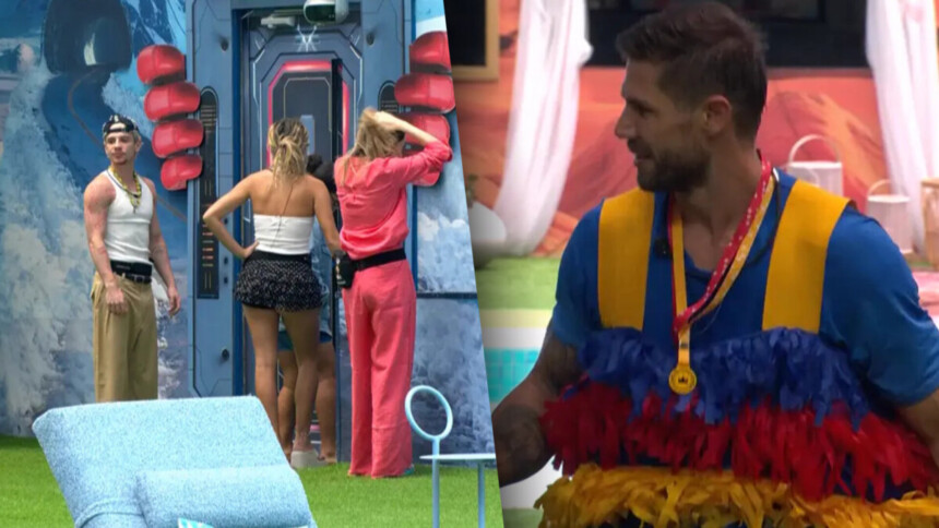 Juliano, Samira e Ana Paula na porta do Presente do Anjo de Milena enquanto Jonas sorrir discutindo com eles no BBB 26