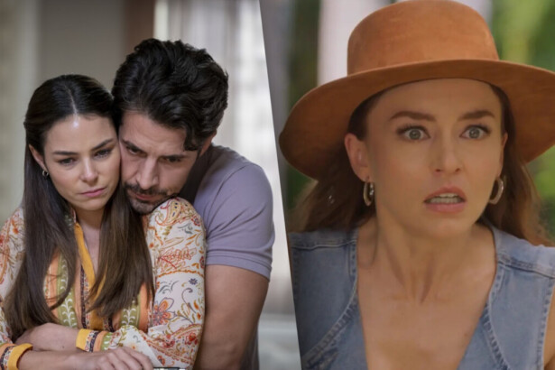 Protagonistas de PResente de Amor abraçados e tristes dividindo tela com Angelique Boye assustada em cena da novela Domenica Montero