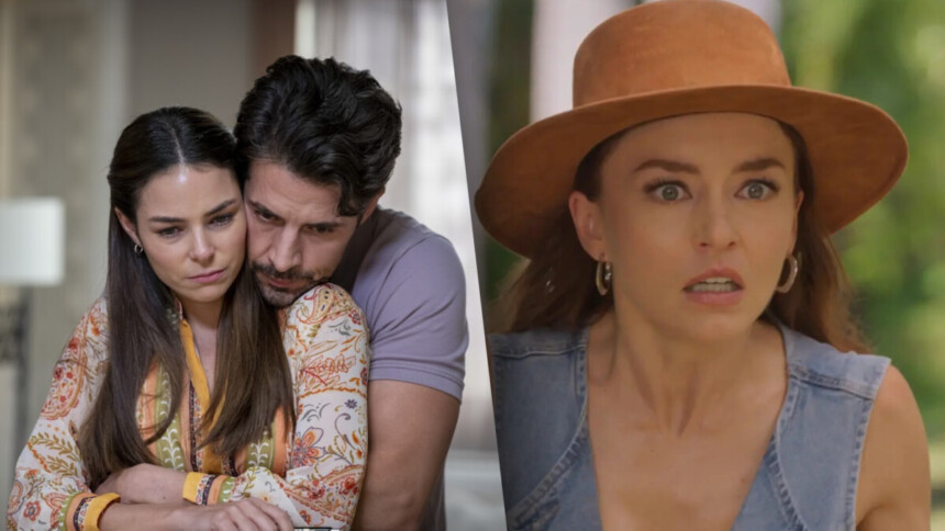 Protagonistas de PResente de Amor abraçados e tristes dividindo tela com Angelique Boye assustada em cena da novela Domenica Montero