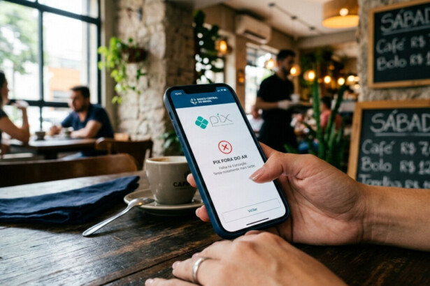usuário em um estabelecimento comercial, com o celular em mãos, exibindo uma mensagem de erro na tela ao tentar utilizar o Pix, ilustrando a instabilidade relatada.
