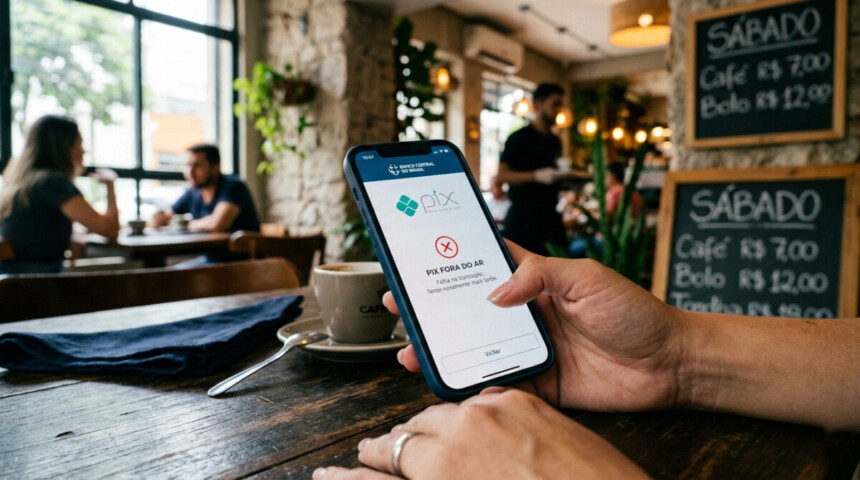 usuário em um estabelecimento comercial, com o celular em mãos, exibindo uma mensagem de erro na tela ao tentar utilizar o Pix, ilustrando a instabilidade relatada.