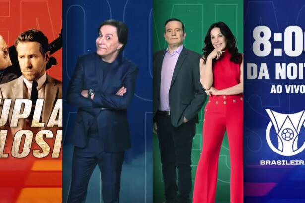 Montagem com 4 telas a primeira os protagonistas do filme Dupla Explosiva, na segunda o Tom no programa Boom!, na terceira Roberto Cabrini ao lado de Carolina Ferraz e por último o horário das 20h00 na arte do Brasileirão na RECORD