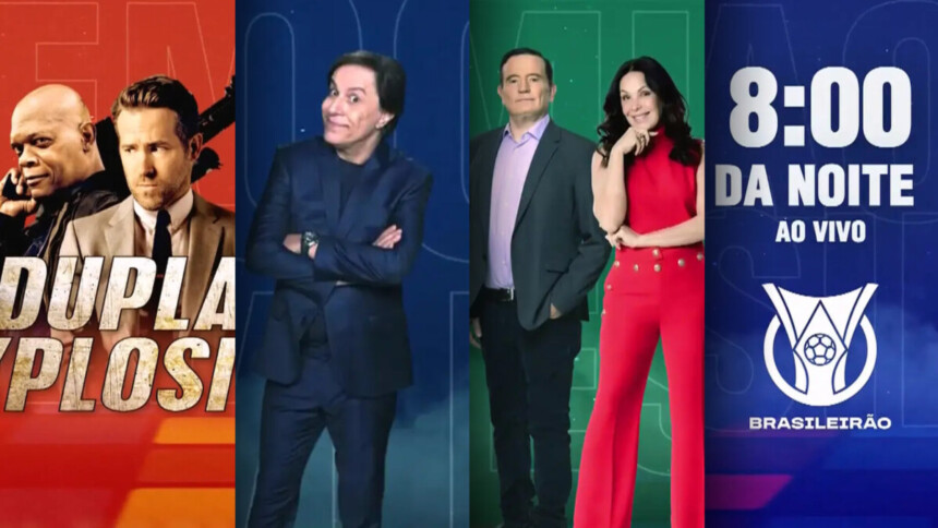 Montagem com 4 telas a primeira os protagonistas do filme Dupla Explosiva, na segunda o Tom no programa Boom!, na terceira Roberto Cabrini ao lado de Carolina Ferraz e por último o horário das 20h00 na arte do Brasileirão na RECORD