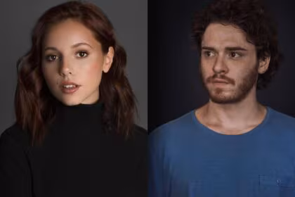 Laura Dutra e Nicolas Vargas dividem tela em montagem para divulgar os protagonistas de A Ira do Herdeiro. Ambos estão com semblantes mais sérios