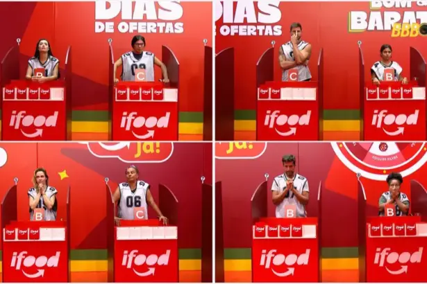 Gabriela, Alberto Cowboy, Milena, Jordana, Marciele e Ana Paula Renault numa sala vermelha na espera pela terceira fase da Prova do Líder. Todos estão em pé e com coletes numerados