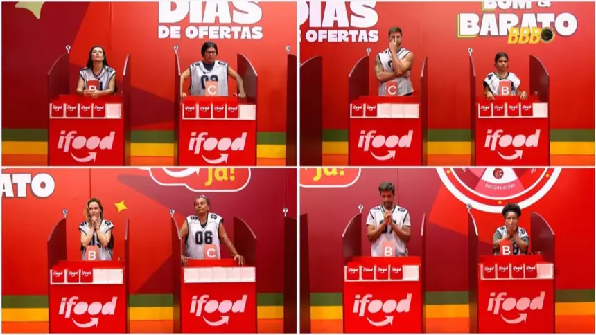 Gabriela, Alberto Cowboy, Milena, Jordana, Marciele e Ana Paula Renault numa sala vermelha na espera pela terceira fase da Prova do Líder. Todos estão em pé e com coletes numerados
