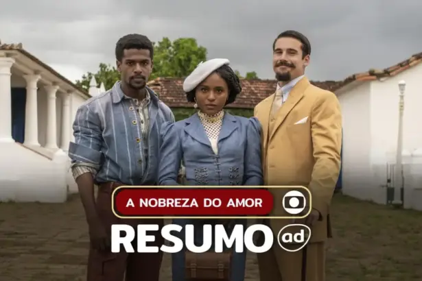 Casal de protagonistas Tonho (Ronald Sotto) e Alika (Duda Santos) ao lado do vilão Mirinho (Nicolas Prattes) na cidade cenográfica de A Nobreza do Amor como plano de fundo da arte do resumo da novela