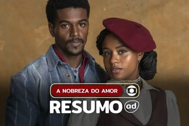 Casal de protagonistas Tonho (Ronald Sotto) e Alika (Duda Santos) como plano de fundo da arte do resumo da novela A Nobreza do Amor