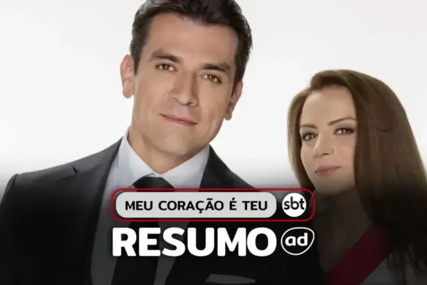 Protagonistas de Meu Coração é Teu lado a lado na arte do resumo da novela