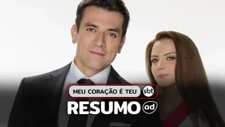 Protagonistas de Meu Coração é Teu lado a lado na arte do resumo da novela