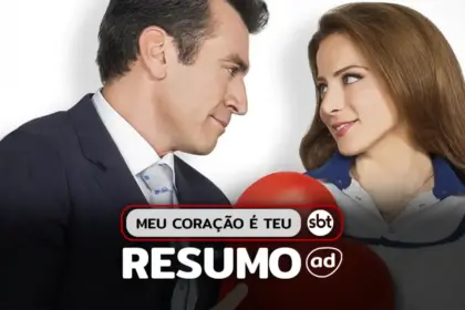 Protagonistas se olham sorridentes na arte do resumo de Meu Coração é Teu