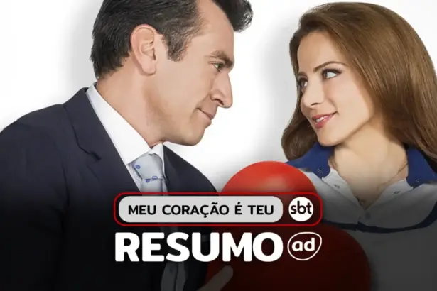 Protagonistas se olham sorridentes na arte do resumo de Meu Coração é Teu