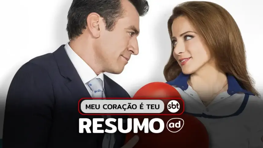 Protagonistas se olham sorridentes na arte do resumo de Meu Coração é Teu